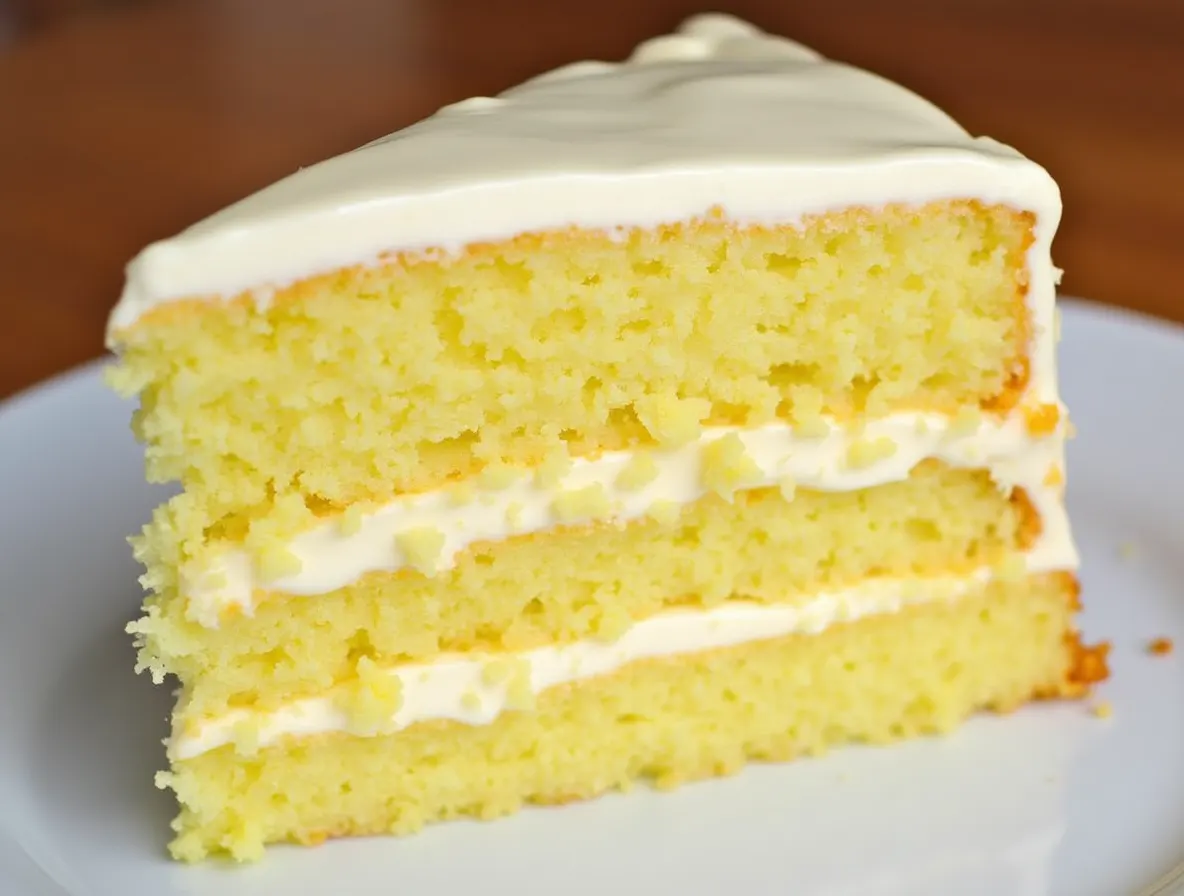Slice of yellow velvet cake with cream cheese frosting and decorative zest garnish on a white plate.