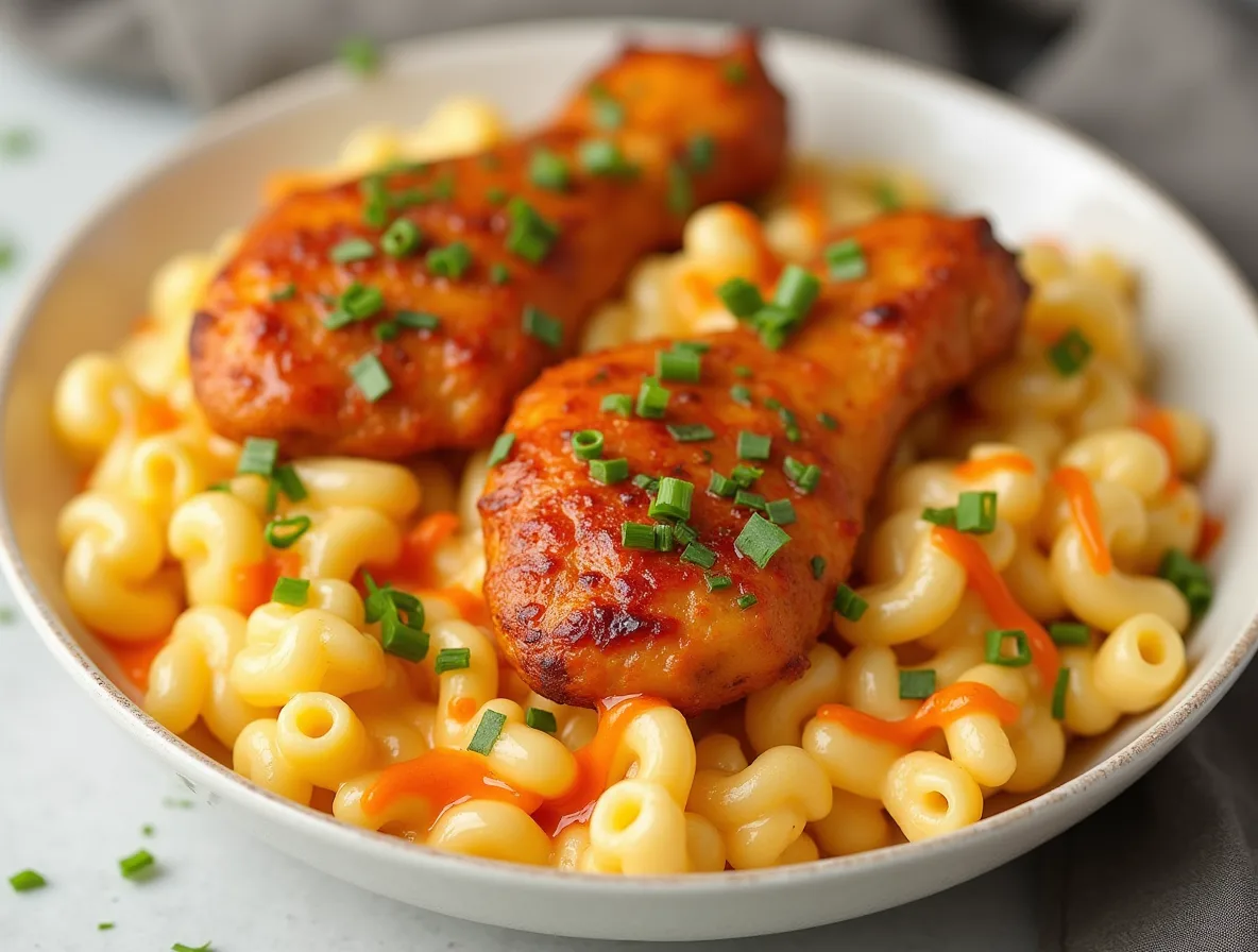 a bowl of food with chicken drumsticks and macaroni and cheese