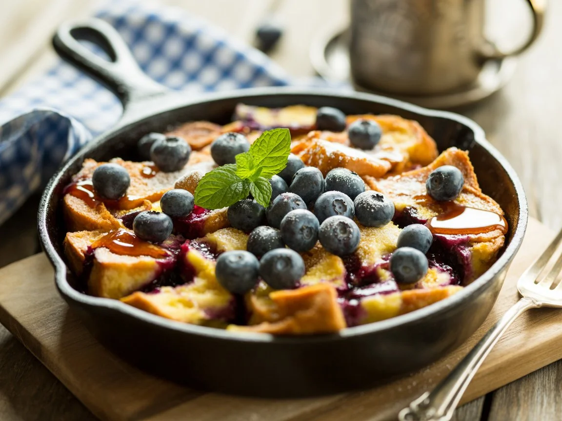 Golden Blueberry French Toast Casserole with fresh berries and powdered sugar on a rustic table