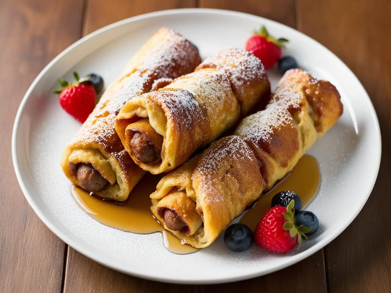 Sausage French Toast Roll-Ups with golden-brown toast wrapped around sausage links, drizzled with maple syrup on a white plate.