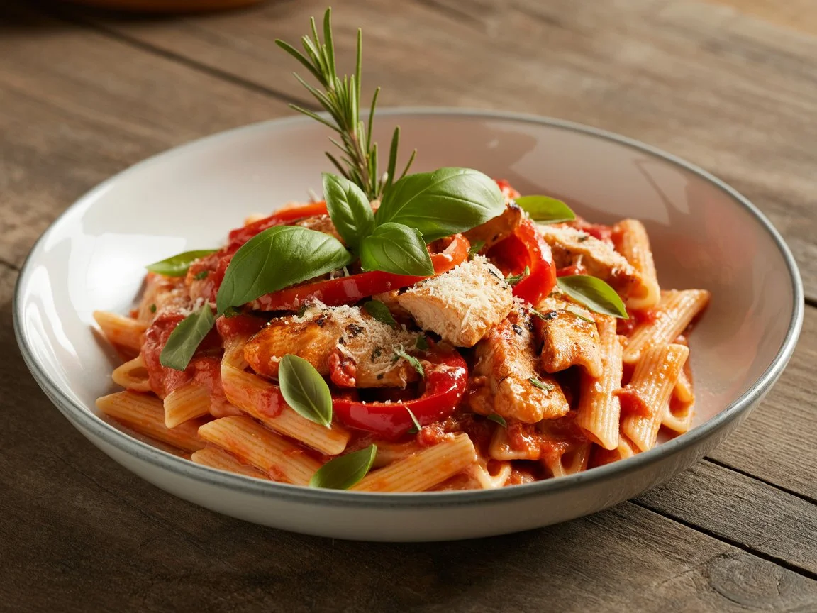 Creamy Marry Me Chicken Pasta with sun-dried tomatoes and herbs in a skillet