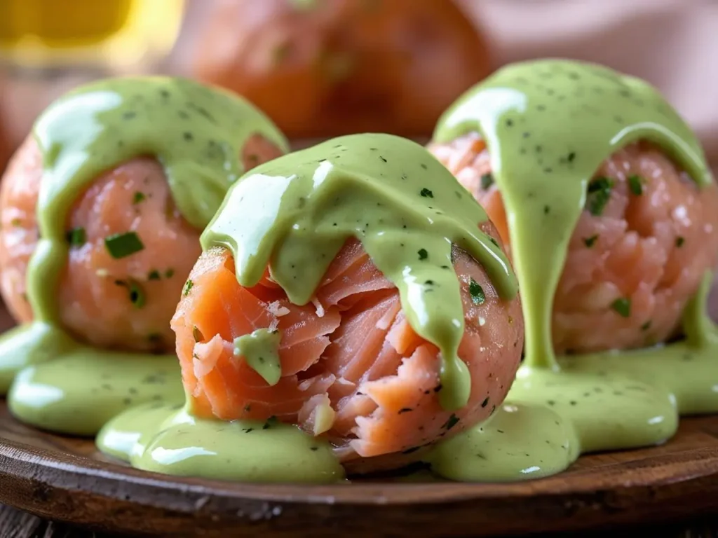 Golden salmon balls served with creamy avocado sauce on a white plate with lemon wedges and fresh herbs.