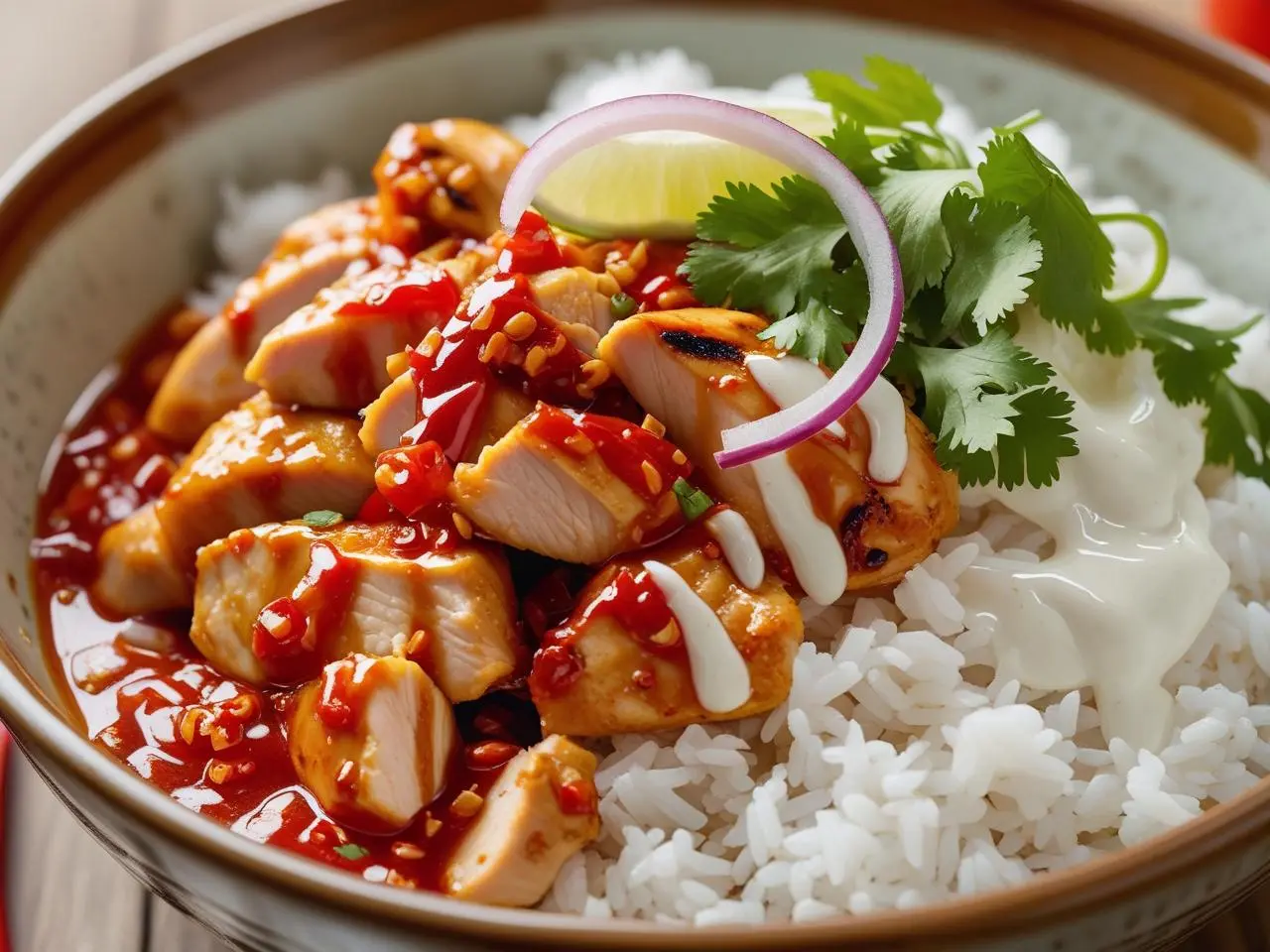 Chili Chicken Bowl with spicy marinated chicken, avocado slices, corn, red onions, and cilantro over fluffy rice.