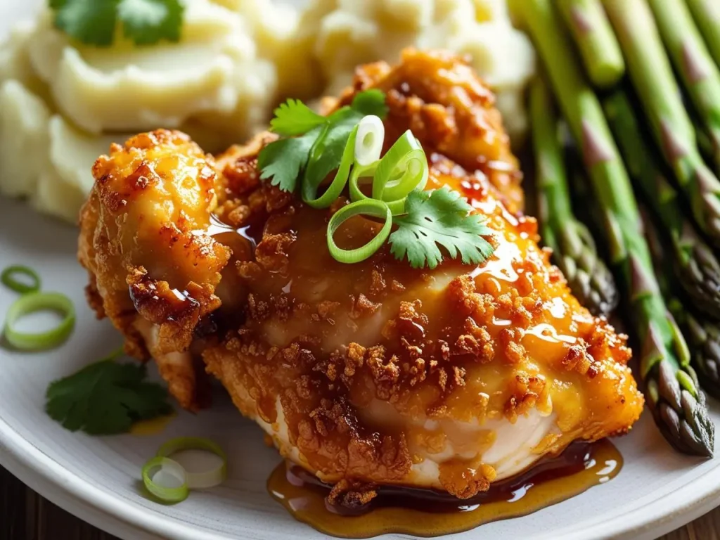 Baked Crunchy Hot Honey Chicken served on a white plate with a drizzle of spicy honey and garnished with herbs.
