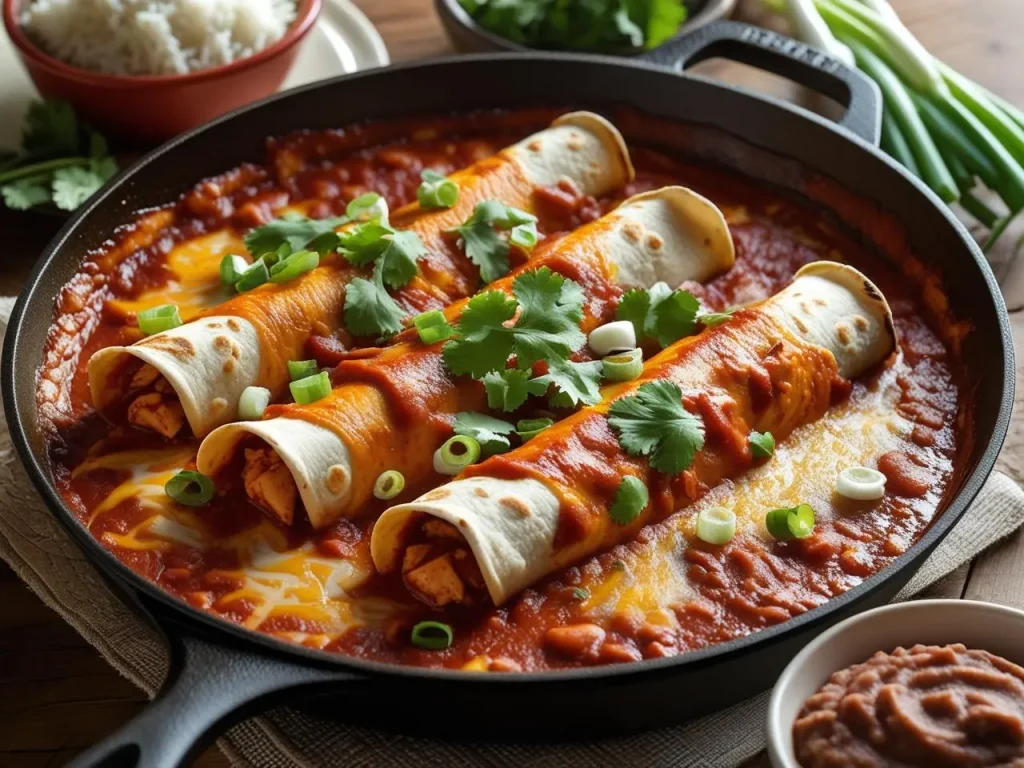 Skillet filled with cheesy enchilada Skillet mixture topped with melted cheese, garnished with fresh cilantro and jalapeños