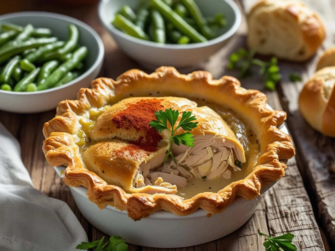 Golden-brown Chicken Pot Pie with flaky crust and creamy filling of chicken, carrots, and peas.