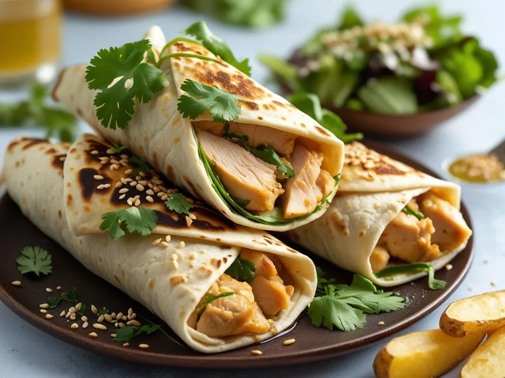 Sliced Garlic Chicken Wraps filled with grilled chicken, lettuce, tomatoes, and creamy sauce on a plate.