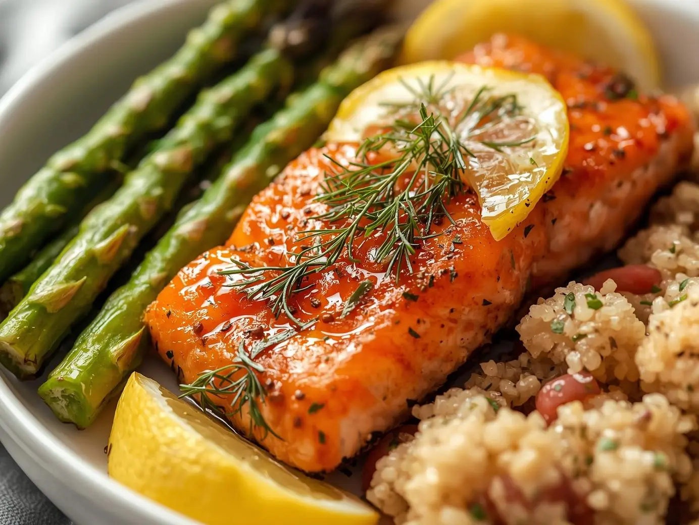 Air Fryer Salmon recipe fillet cooked to perfection with crispy edges, seasoned with garlic, paprika, and a drizzle of lemon.