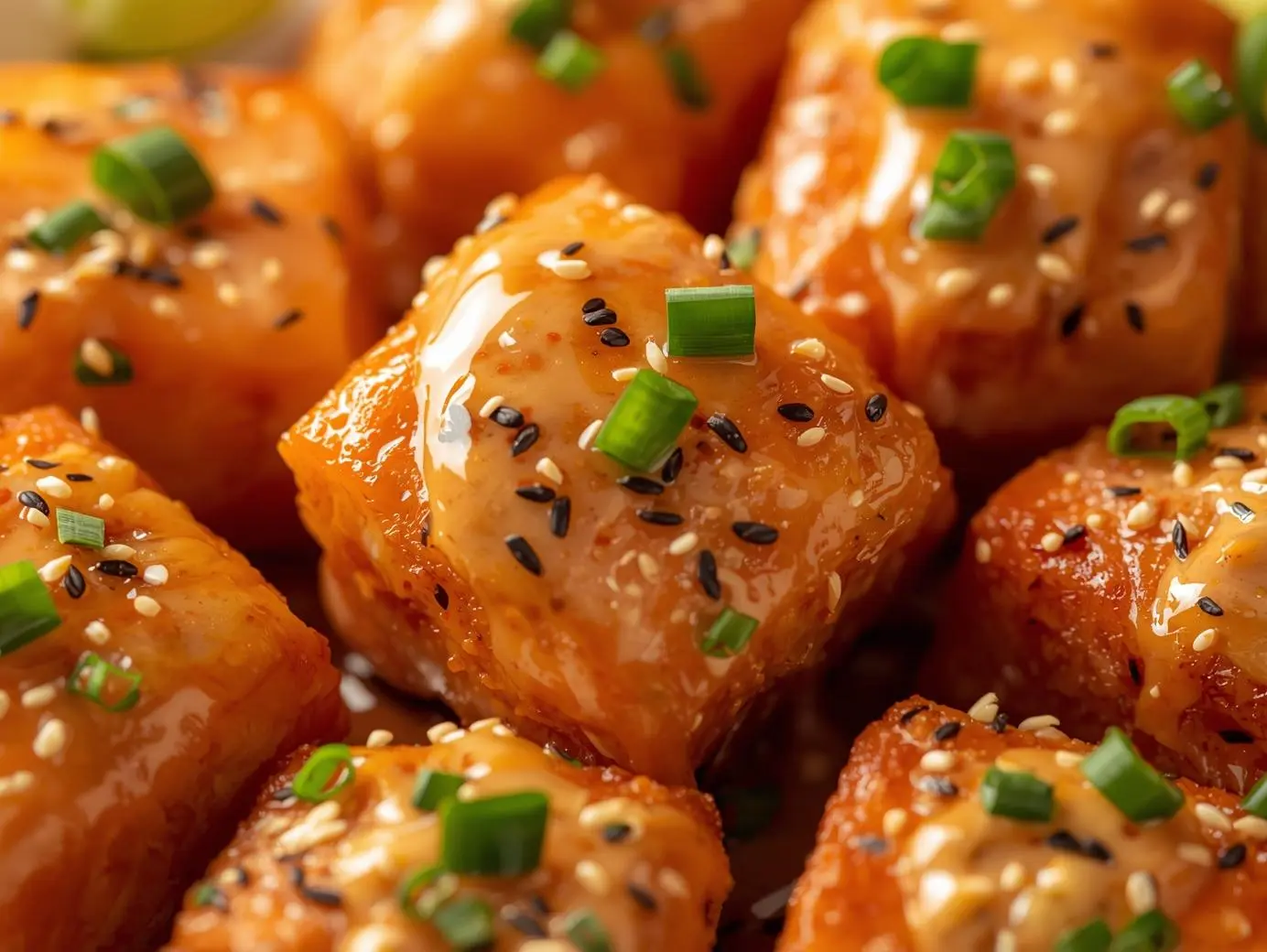 Crispy Bang Bang Salmon Bites coated in creamy spicy sauce and garnished with sesame seeds and green onions.