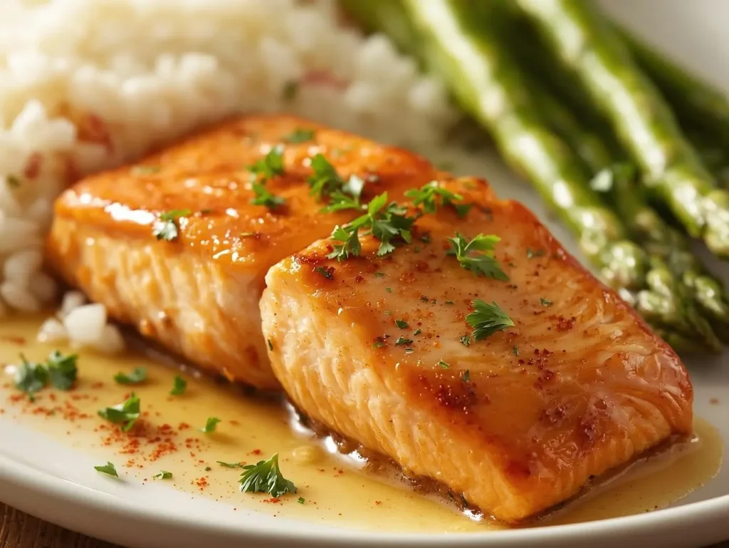 Cajun Honey Butter Salmon fillet glazed with honey butter and sprinkled with Cajun spices, served with lemon wedges.