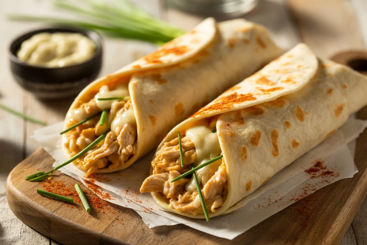 Golden Cheesy Garlic Chicken Wraps cut in halves with melted cheese and garlic butter