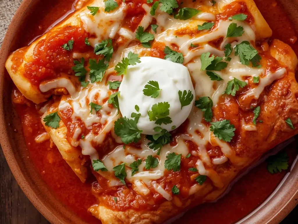 Baked Chicken Enchiladas topped with melted cheese, fresh cilantro, and enchilada sauce in a casserole dish