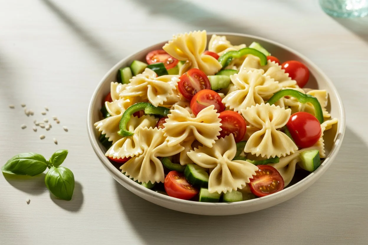 Colorful bowl of Bow Tie Pasta Salad with cherry tomatoes, cucumbers, and creamy dressing