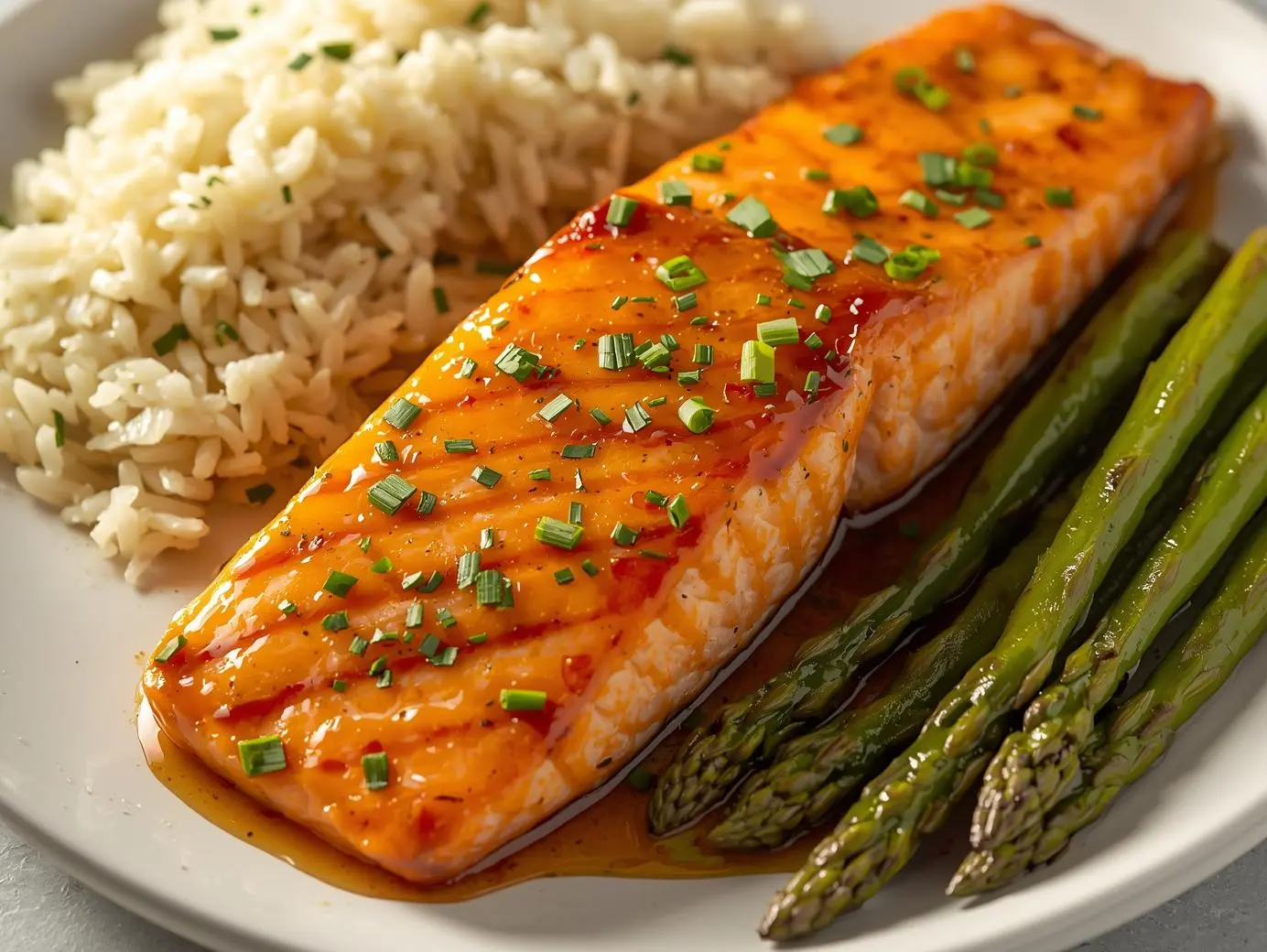 Honey Garlic Salmon fillet glazed with honey and garlic, garnished with sesame seeds and green onions, served with lemon wedges.