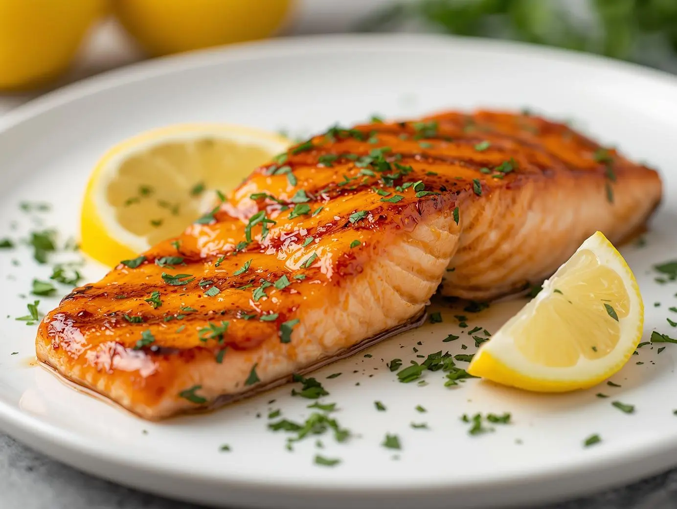 Juicy Honey Glazed Salmon fillets topped with caramelized sauce and garnished with parsley on a white plate.