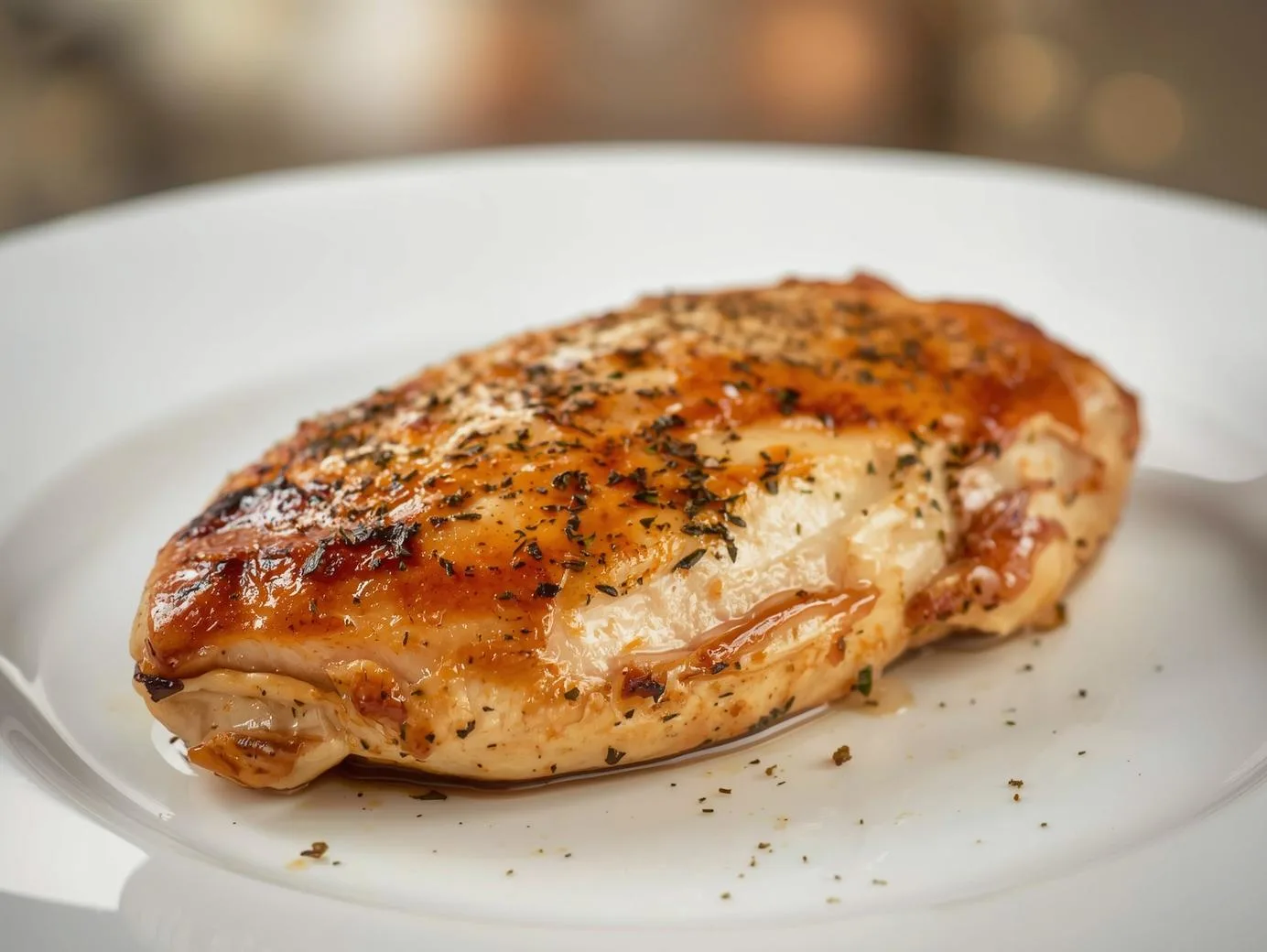 Juicy, golden-brown chicken breast recipe cooked to perfection, garnished with fresh herbs