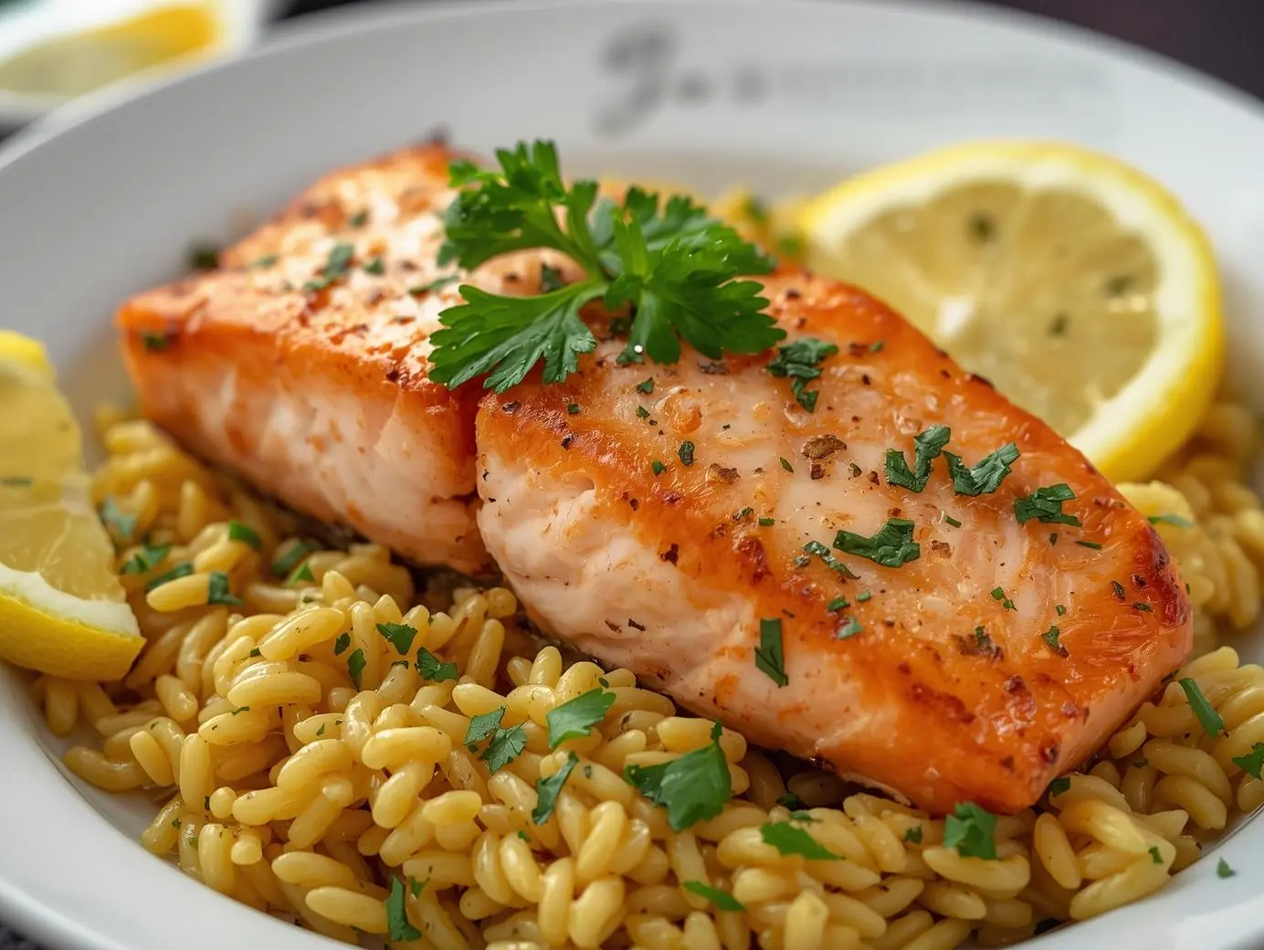 Salmon with Lemon Orzo served with fresh parsley and lemon wedges on a white plate.