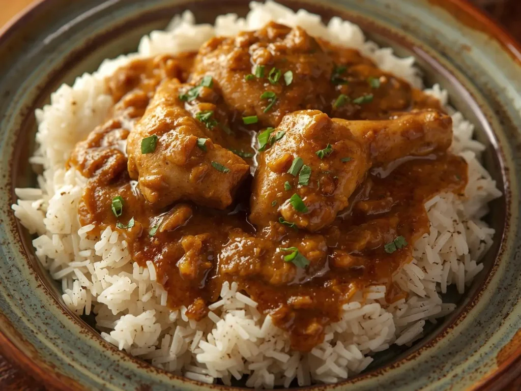 Smothered Chicken and Rice with creamy gravy served over fluffy rice in a skillet