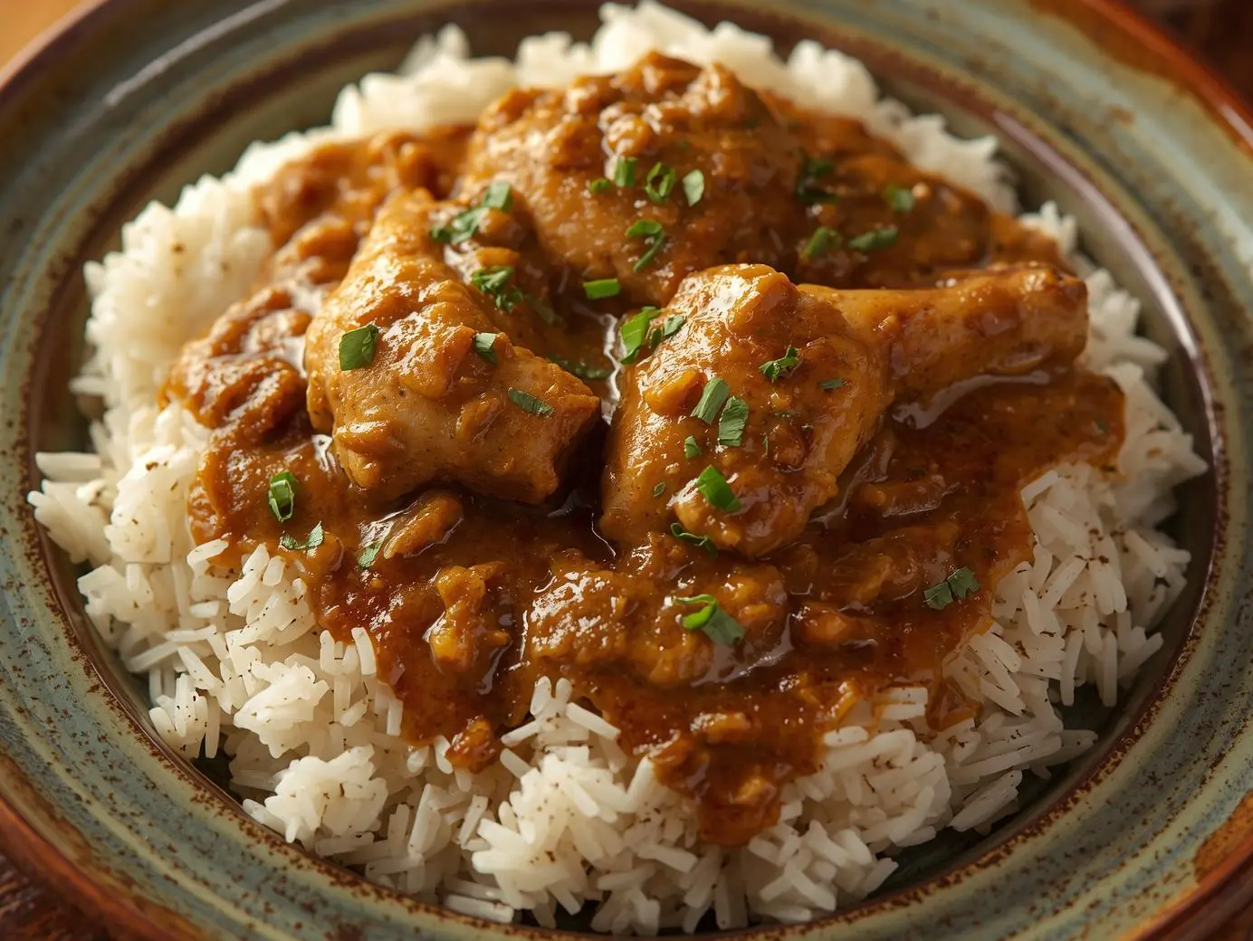 Smothered Chicken and Rice with creamy gravy served over fluffy rice in a skillet