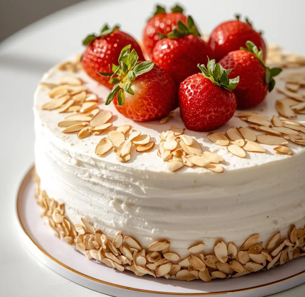 Freshly baked Almond Strawberry Cake topped with sliced almonds and juicy strawberries on a rustic wooden table.