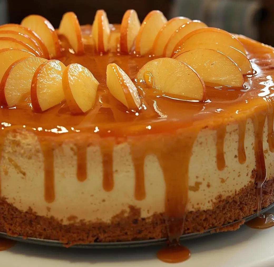 Creamy Apple Cider Cheesecake topped with caramel drizzle and spiced apple slices