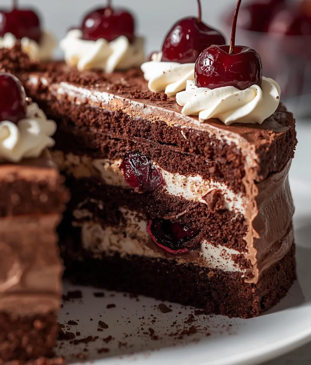 Rich Black Forest Cake with chocolate layers, whipped cream, and cherries on top