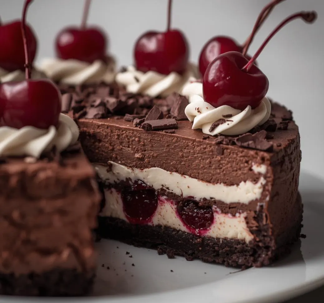 Decadent Black Forest Cheesecake with chocolate crust, creamy filling, and cherries on top