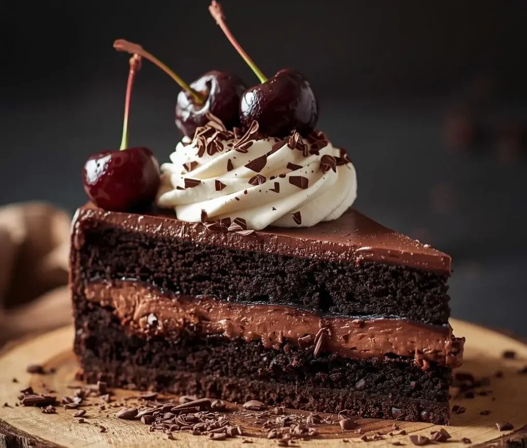 Rich Black Forest Cheesecake topped with whipped cream, cherry pie filling, and chocolate shavings on a white plate.