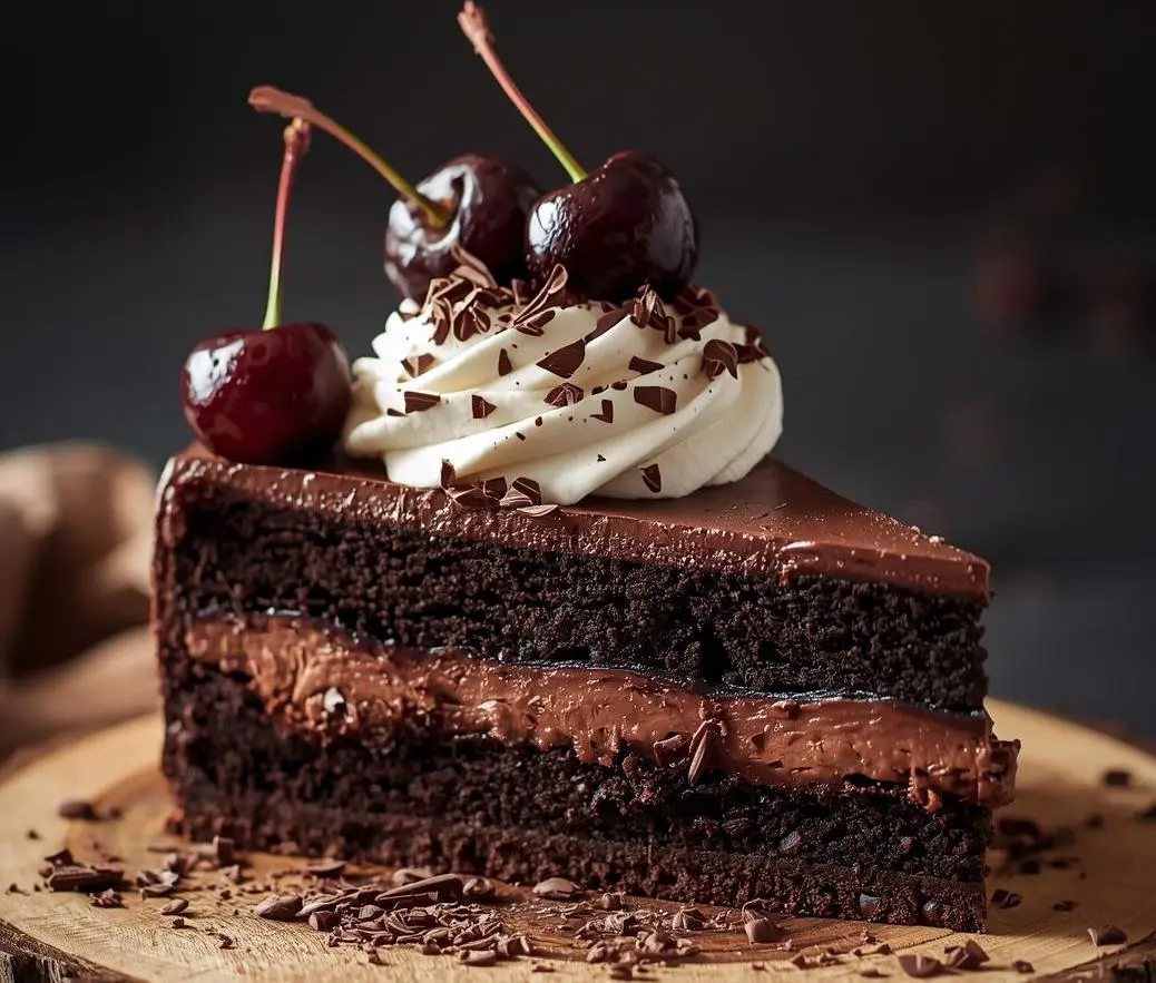 Rich Black Forest Cheesecake topped with whipped cream, cherry pie filling, and chocolate shavings on a white plate.