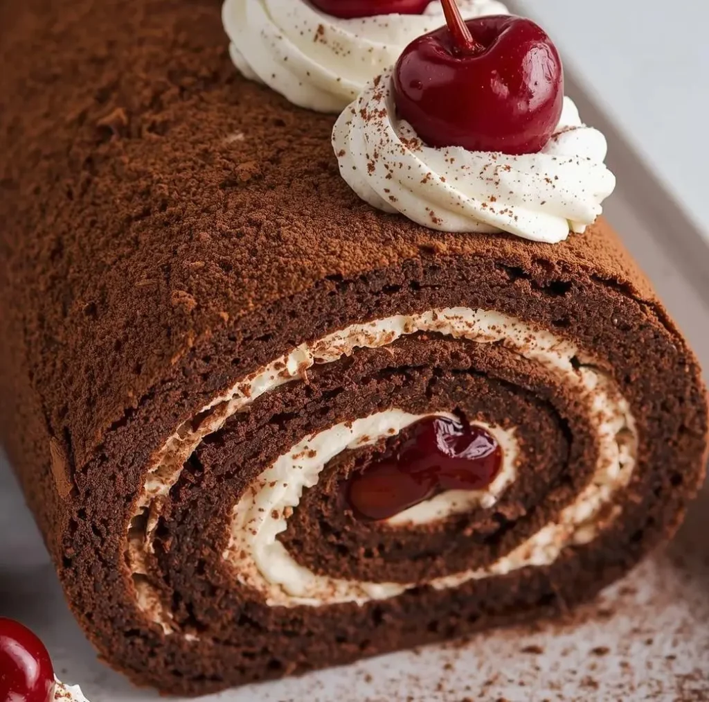 Black Forest Chocolate Swiss Roll Cake with whipped cream and cherries