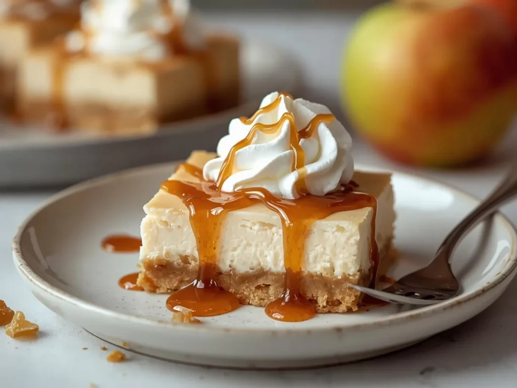 Caramel Apple Cheesecake Bars with creamy layers, spiced apple topping, and golden caramel drizzle on a graham cracker crust.