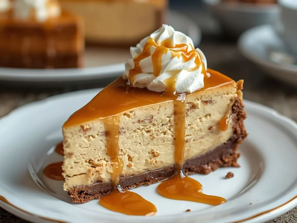 Rich and creamy Caramel Brownie Cheesecake topped with gooey caramel sauce and chocolate drizzle on a dessert plate.