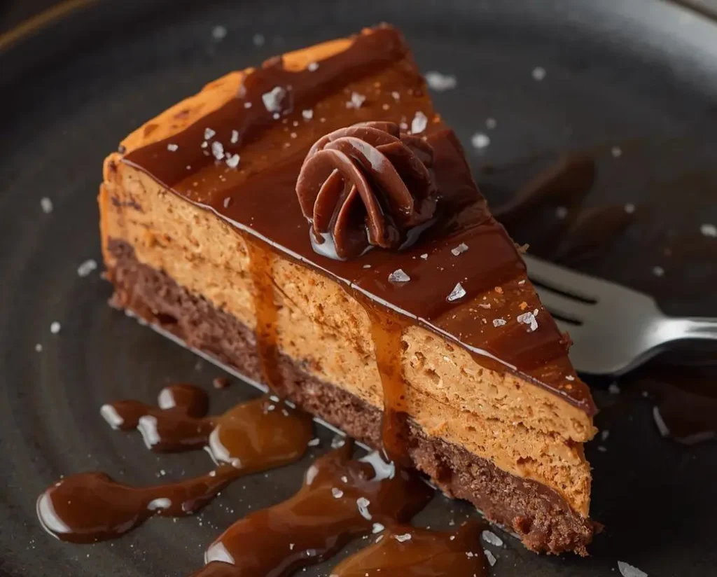 Decadent Caramel Brownie Cheesecake with fudgy base and creamy cheesecake layer topped with golden caramel drizzle