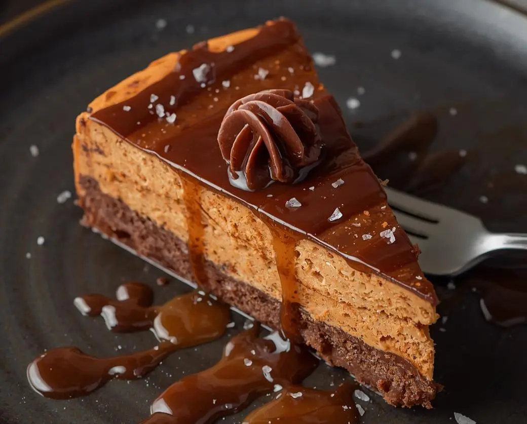 Decadent Caramel Brownie Cheesecake with fudgy base and creamy cheesecake layer topped with golden caramel drizzle