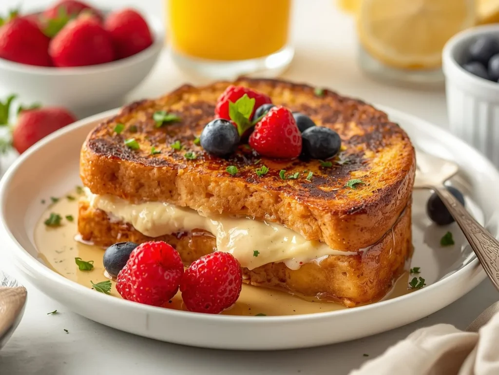 Fluffy Cheesecake Stuffed French Toast topped with fresh berries and powdered sugar