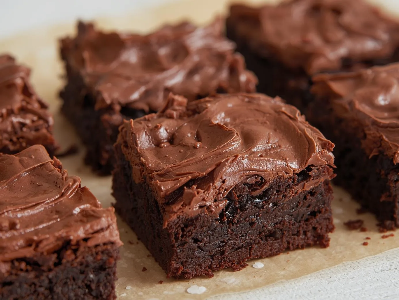 Rich and fudgy Chocolate Mousse Brownies topped with creamy chocolate mousse and chocolate shavings on a white plate.