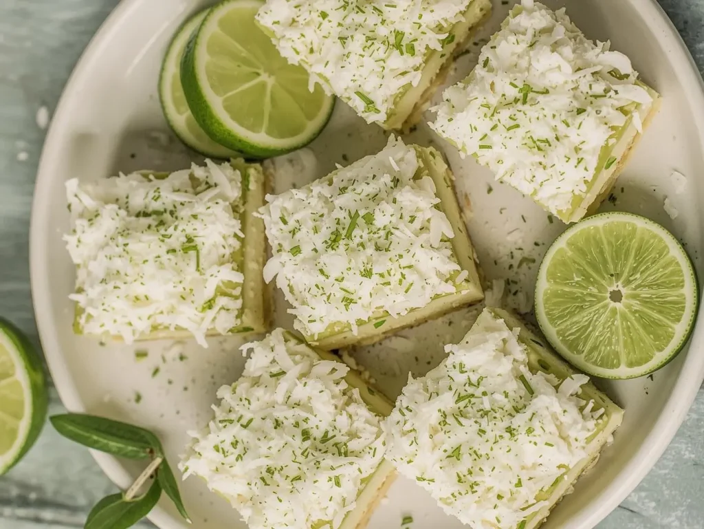 Coconut Lime Chia Pudding Bars topped with fresh lime zest and coconut flakes on a white plate.