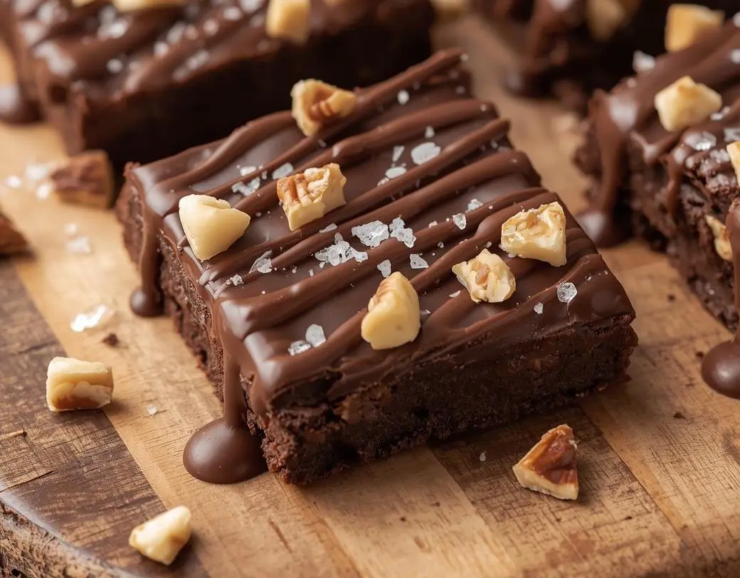 Homemade Dark Chocolate Nut Squares topped with roasted almonds and sea salt on a parchment-lined tray.