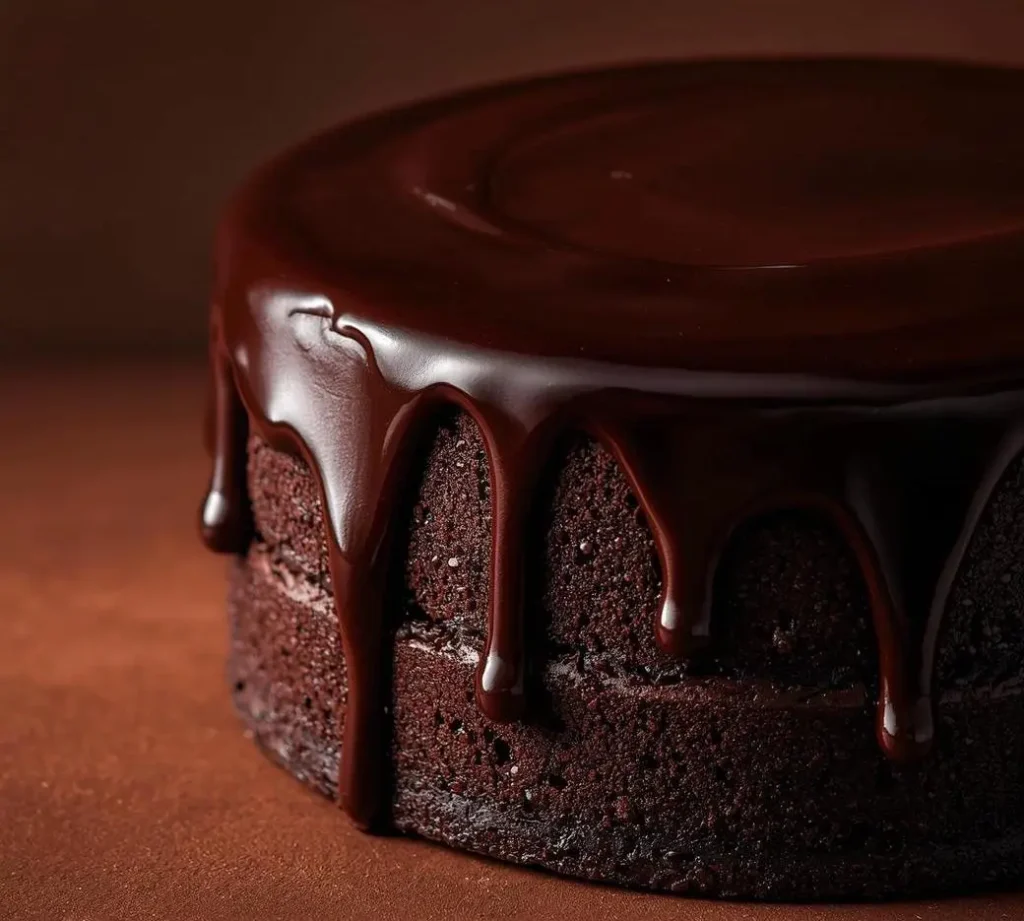 Slice of Decadent Chocolate Cake with rich chocolate frosting and moist layers on a white plate.