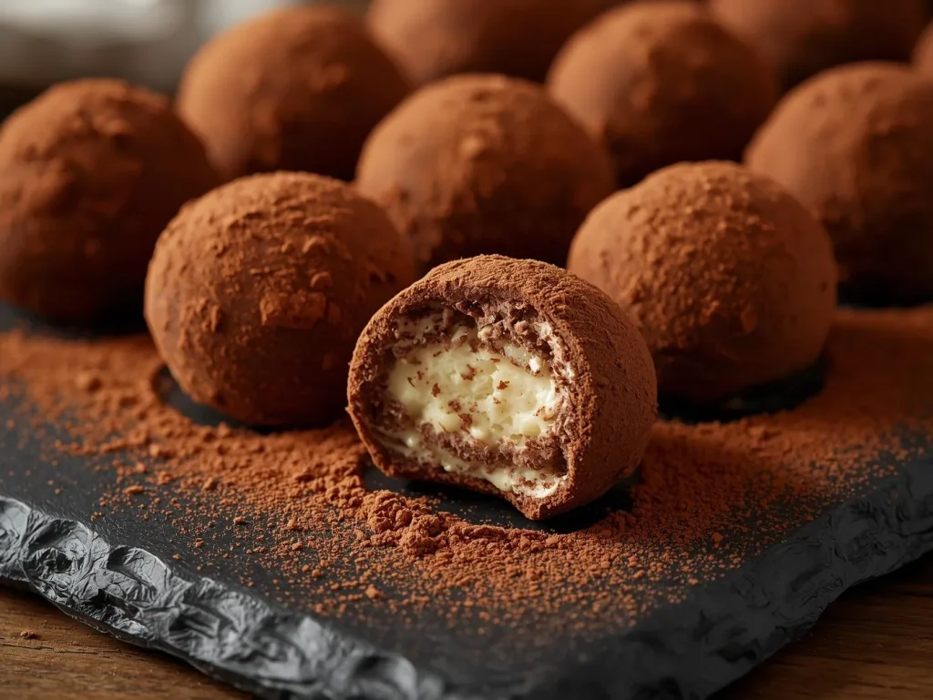 Decadent Tiramisu Truffles rolled in cocoa powder and served on a white plate with a dusting of espresso.