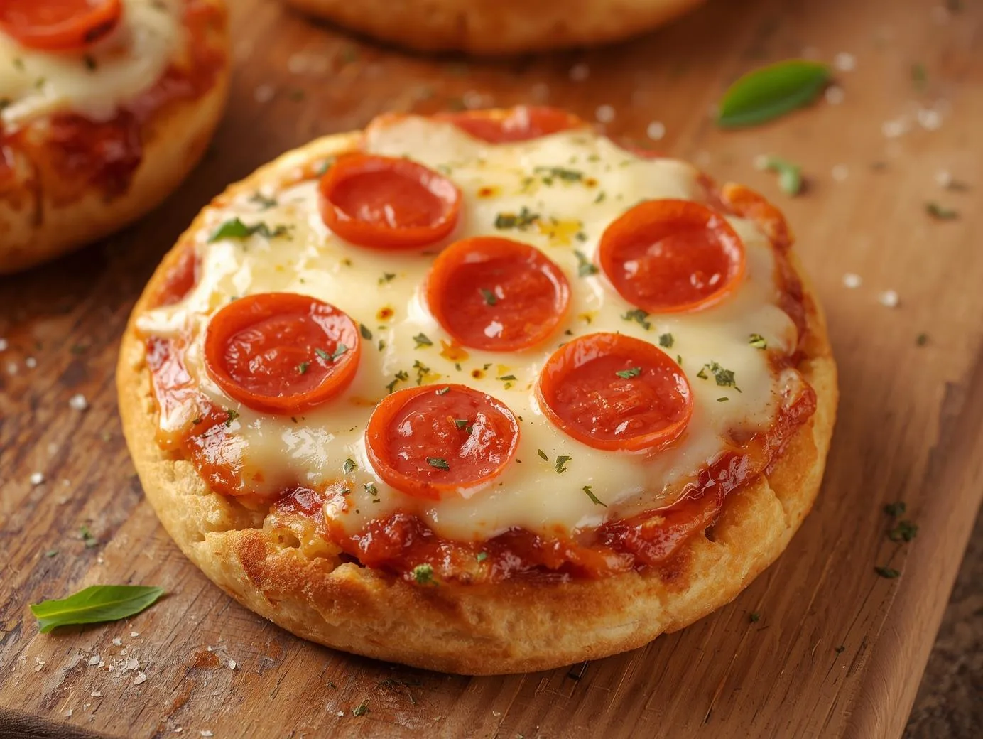 Crispy English Muffin Pizza topped with melted mozzarella, pepperoni, and fresh herbs on a baking tray.