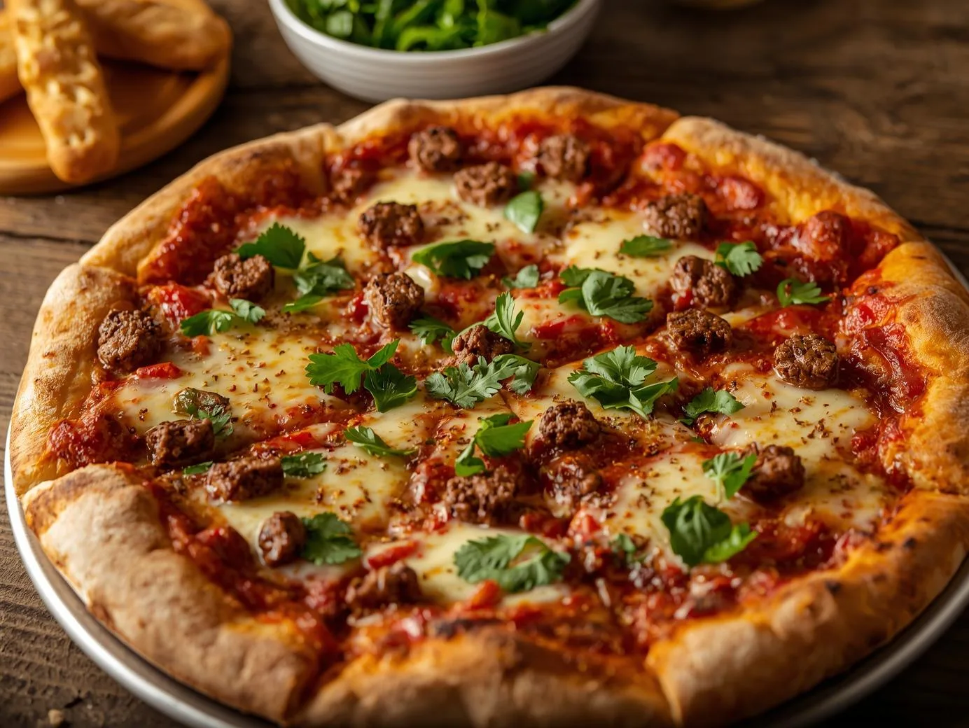 Chorizo Pizza topped with mozzarella, onions, peppers, and fresh herbs
