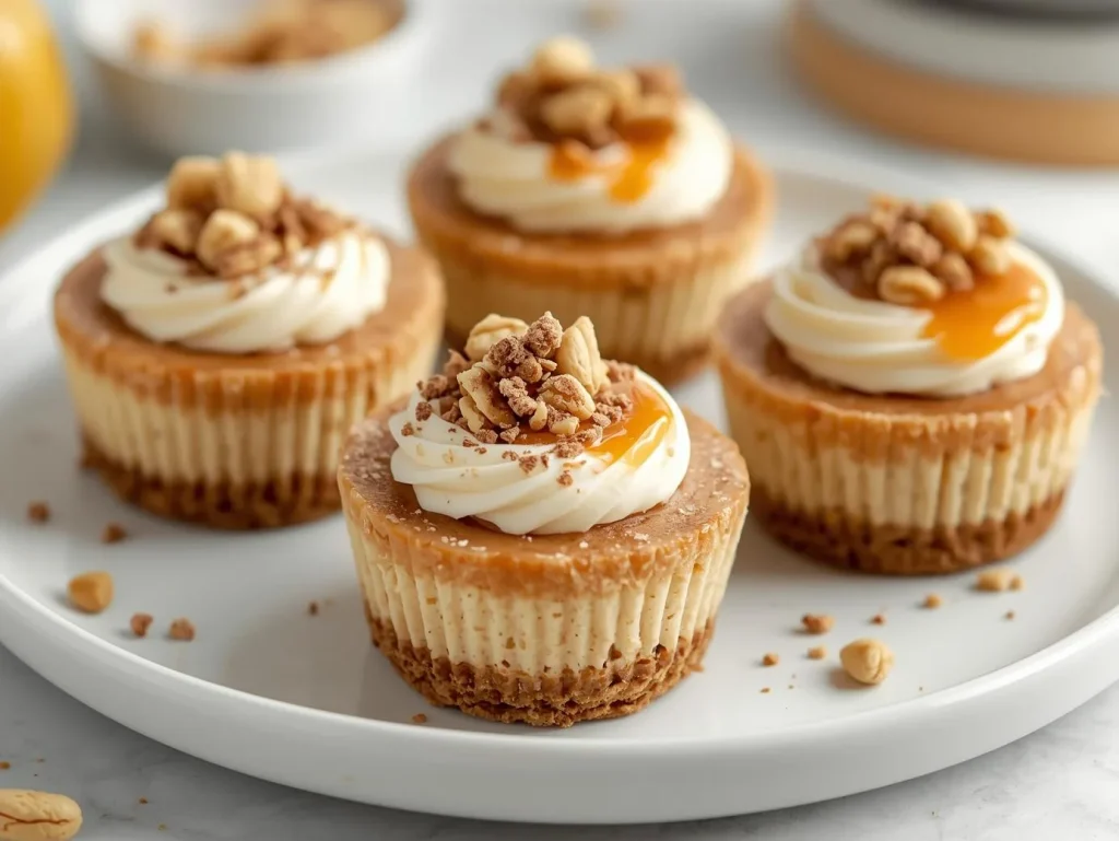 Mini Caramel Peanut Cheesecakes with creamy cheesecake filling, caramel drizzle, and chopped peanuts on top, served in a muffin tin.