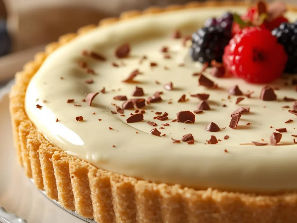 White Chocolate Mousse Tart with creamy filling and fresh berries on top