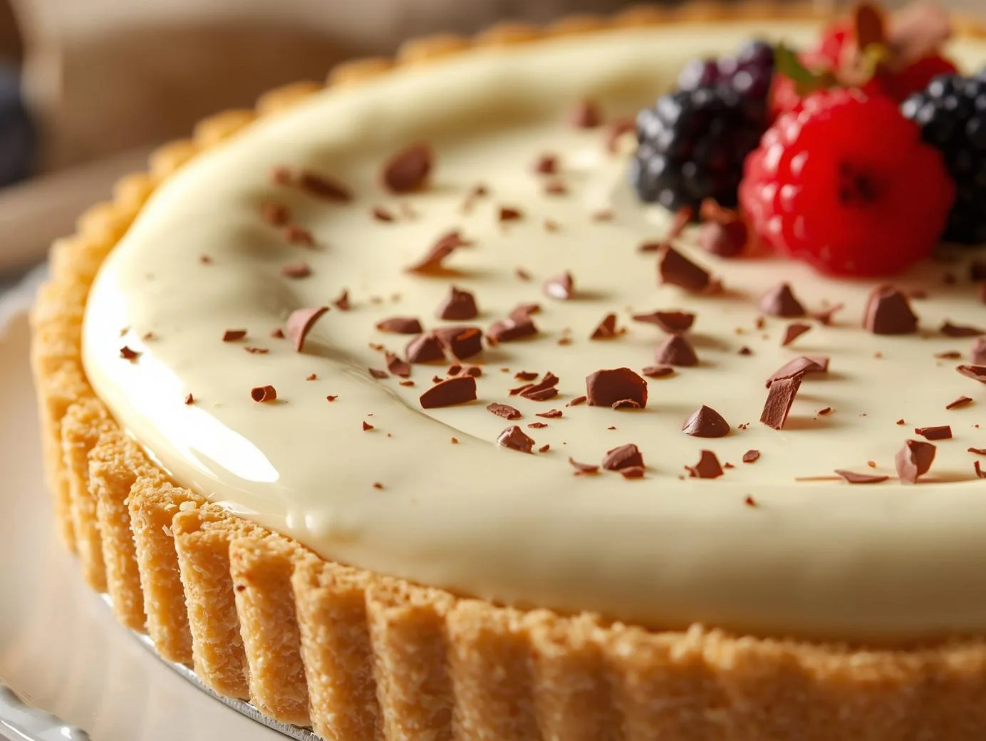 White Chocolate Mousse Tart with creamy filling and fresh berries on top