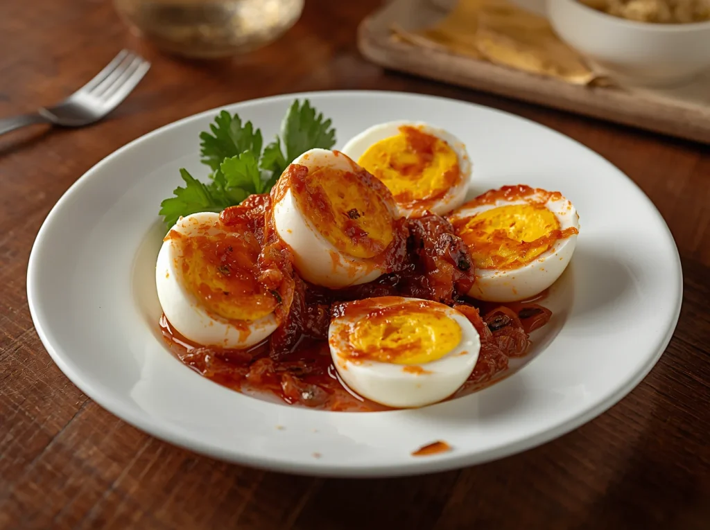 Golden blistered boiled eggs coated in vibrant red Indonesian Telur balado chili sauce in a skillet.