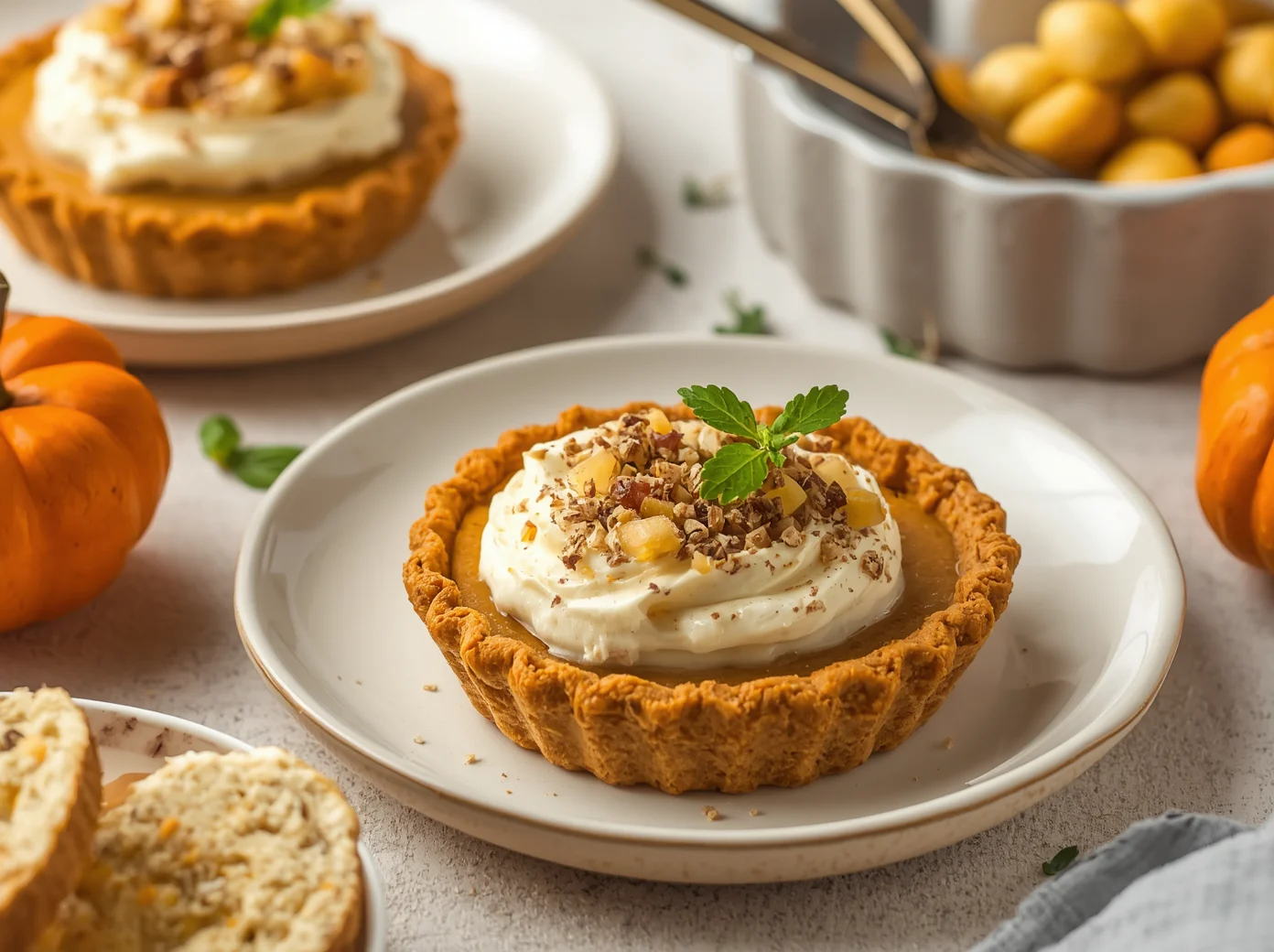 Two soft-baked Pumpkin Oatmeal Cream Pies stacked on a rustic wooden plate.