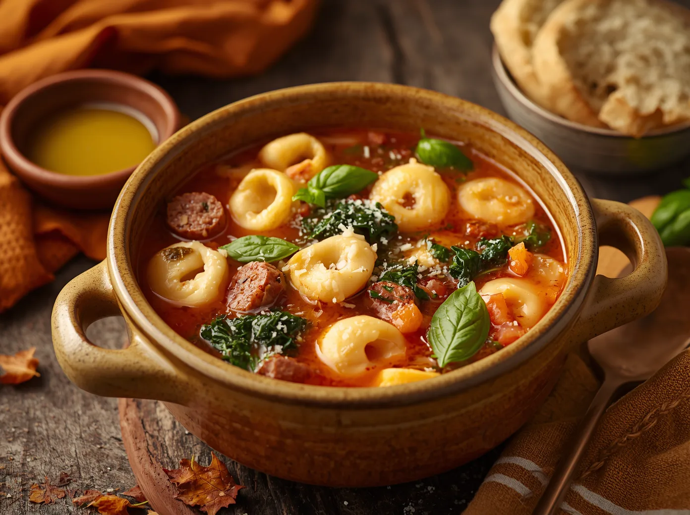 Warm bowl of Autumn Tortellini Soup with spinach and parmesan cheese.