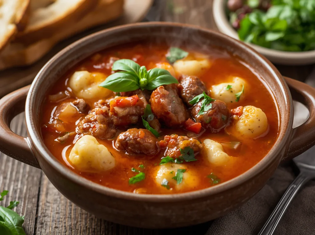 Dark ceramic bowl filled with creamy Italian sausage gnocchi soup, tender potato dumplings, wilted baby spinach, and grated parmesan cheese.