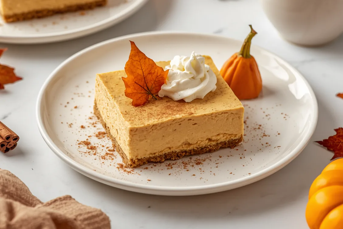 Square slice of spiced Pumpkin Cheesecake Bars with a graham cracker crust and streusel topping.